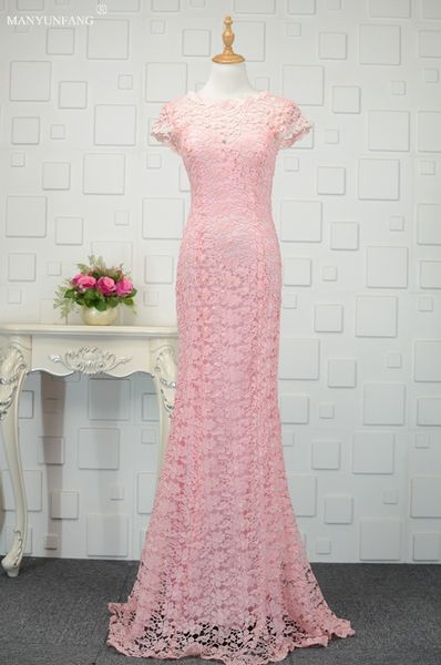 

2020 real image sheath elegant pink lace evening dresses hollow back crew party prom dresses cap sleeves evening dresses, Black;red