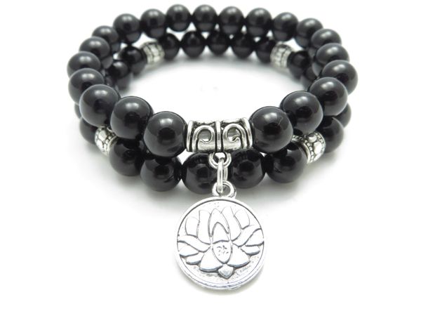 SN1112 Lotus Mala браслет комплект йога ювелирные изделия Namaste черный оникс браслет запястье мала набор йога браслет укладки Рождество браслет