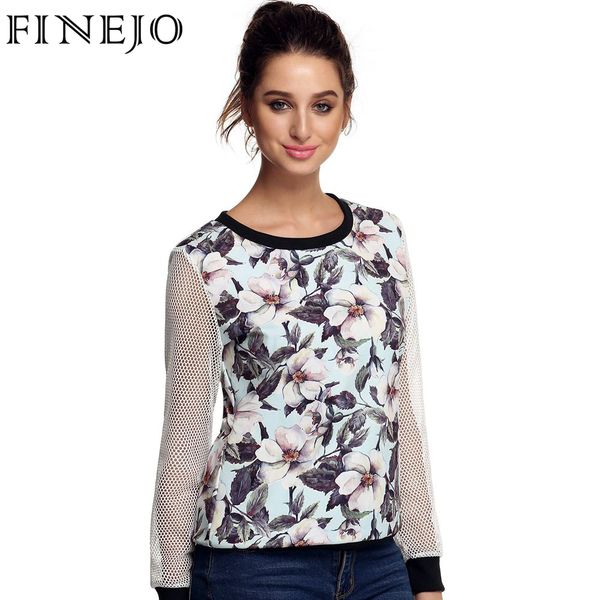 

wholesale- finejo 3d print floral patchwork sweatshirts lady fashion casual long mesh hollow out sleeve o neck loose clothes m-3xl, Black
