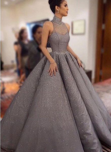 

bling bling shiny evening dresses ball gown beaded sheer high neck ruffle skirt sequins floor length prom gowns, Black;red