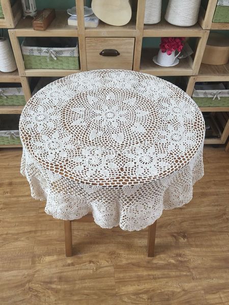 Toalha de mesa redonda de crochê de 110 CM estilo vintage capa de mesa chique padrão feito à mão - cor branca e bege disponível 2704