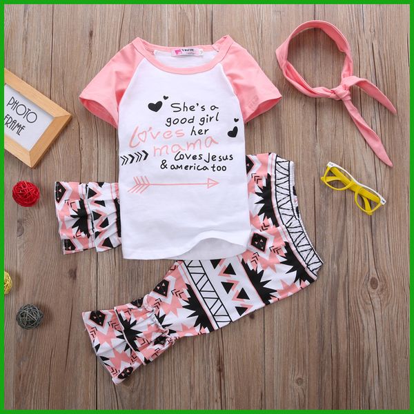 

new fashion lovely girls suits letter geometrc print short sleeve t-shirt long pants children clothing set with headband free shipping