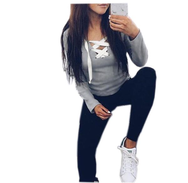 

wholesale- 2017 new autumn women fashion hoodies sweatshirts long sleeve v-neck bandage hoodies shirts casual women gv371, Black