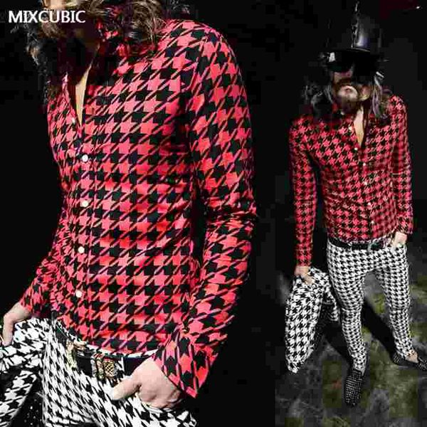 Großhandel - MIXCUBIC Frühling Sommer England-Stil Stylist Hahnentritt-Gitter bedruckte Hemden Männer rote lässige schlanke bedruckte Hemden für Männer M-XXL