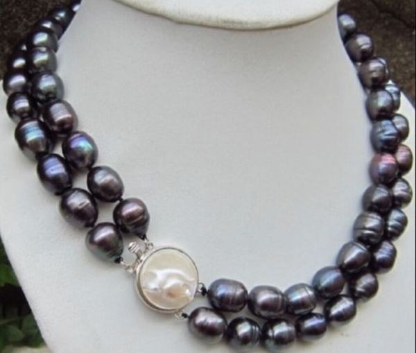 

2row real beautiful tahitian 11-13mm black baroque pearl necklace 17-18inch, Silver