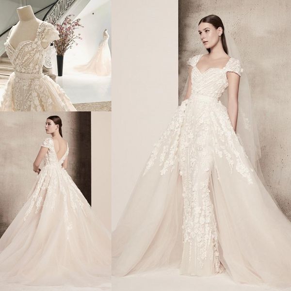 

elie saab 3d цветочные аппликация юбка принцесса собор поезд свадебные платья со съемным поездом 2018 cap рукавом свадебное платье, White