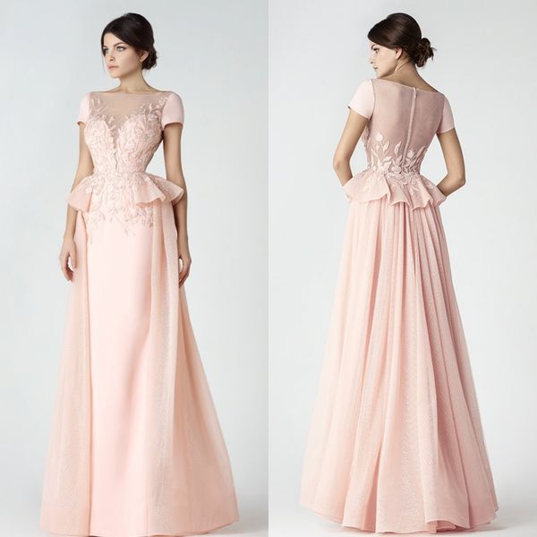 

pink saiid kobeisy overskirt evening dresses sleeves a-line sheer bateau neck appliqued backless prom gowns floor length peplum formal dress, Black;red