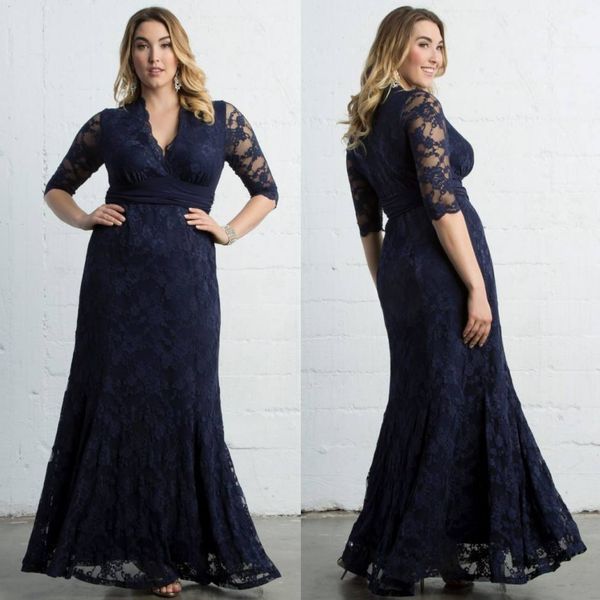 

dark navy plus size lace formal dresses with long sleeves v-neck ankle length evening gowns mermaid prom dress, Black