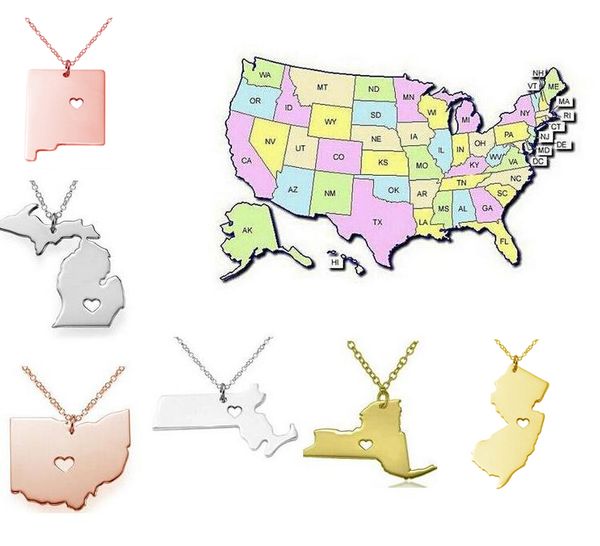 2016 New America 50 State Map Collane con ciondolo con cuore Collana pendente in stato fai da te Gioielli di moda in acciaio inossidabile Stato di New York
