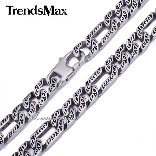

wholesale- trendsmax custom any length 10mm heavy figaro animal skin mens chain boys necklace silver tone 316l stainless steel hn34