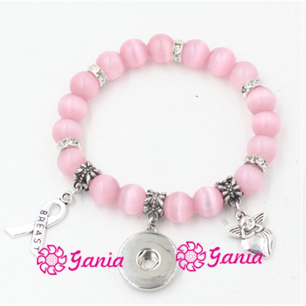 

breast cancer awareness jewelry pink bead bracelet with cancer ribbon angel 18mm snap bracelet for breast cancer, Golden;silver