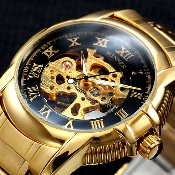 Gewinner Gold Antike Uhr Automatische Skeleton Mechanische Armbanduhr Männliche armbanduhr Männer Mann Stunde Uhr relogio masculino