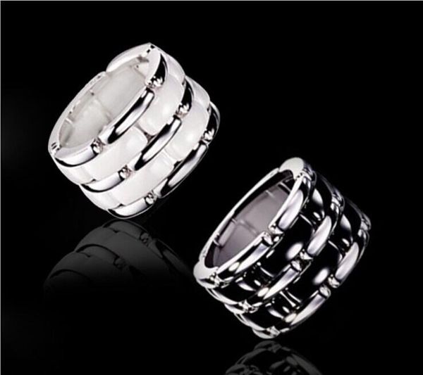 

Luxury Black/White Double row Ceramic Chain Style Rings, Platinum Plated Titanium Stainless steel Women/Men Jewelry---Size 5 To 12
