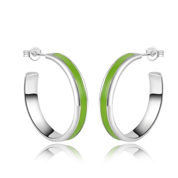 

green enamel painting women's hoop earrings medium size in 925 sterling silver, Golden;silver