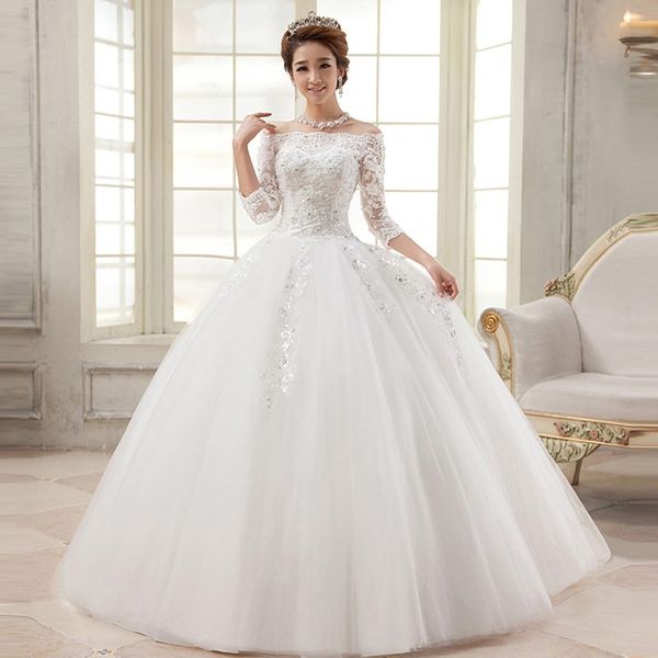 Abito da sposa con applicazioni in pizzo Vestido De Noiva Manica a tre quarti Bateau Neck Casamento Abito da sposa Robe De Mariage Renda Boda