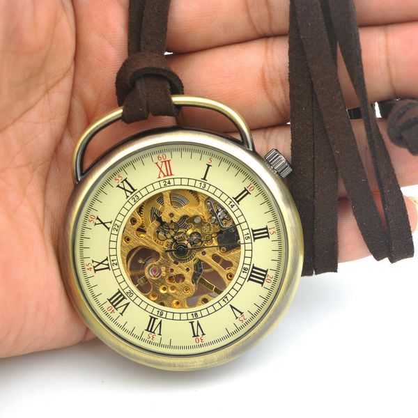 

wholesale-shuhang brand mens skeleton pocket watch quality mechanical movement hand wind roman numerals vintage style reloj de bolsillo, Slivery;golden