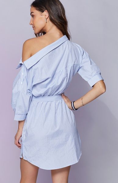 Mode Eine Schulter Blau Gestreiften Frauen Kleid Shirt Sexy Seite Split Elegante Halbe Hülse Bund OL Mädchen Strand Kleider