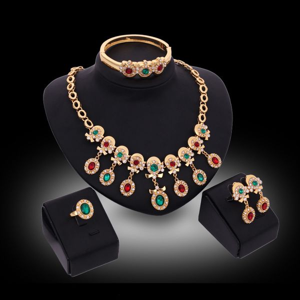 

necklaces earrings bangles rings jewelry sets fashion women quality multicolor rhinestone 18k gold plated 4-piece set party jewelry js124, Slivery;golden