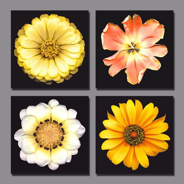 

4pcs/set modern fashion yellow flowers picture decoration canvas painting plant wall art living room printed home decor unframed
