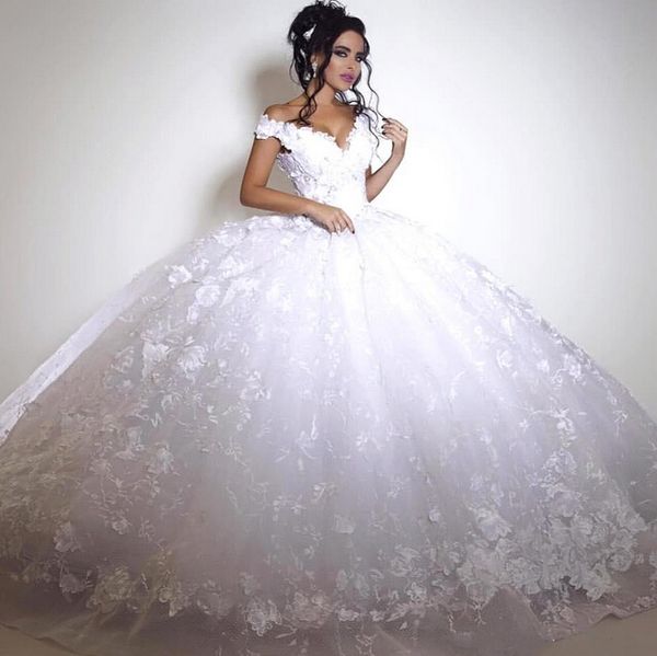 

african ball gown wedding dresses vintage v neck cap sleeves 3d appliques wedding gowns tulle arabic dubai african bridal dress, White