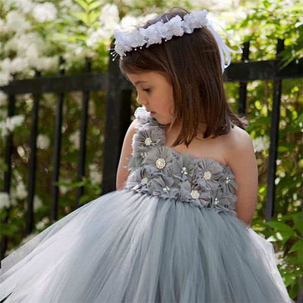 Ucuz 3D Çiçek Aplikler Tül Çiçek Kız Elbise Boncuk Bir Omuz Kızlar Pageant elbise Gri Basit Örgün Törenlerinde Plaj Düğün Için