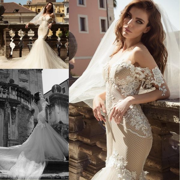 

vestidos де noiva 2019 потрясающие русалка свадебные платья с плеча кружева аппликация суд поезд спинки свадебные платья, White