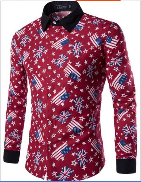 

2016 spring new mens long-sleeved flag pattern flower dress shirt casual korean slim square collar long-sleeved casual shirt, White;black