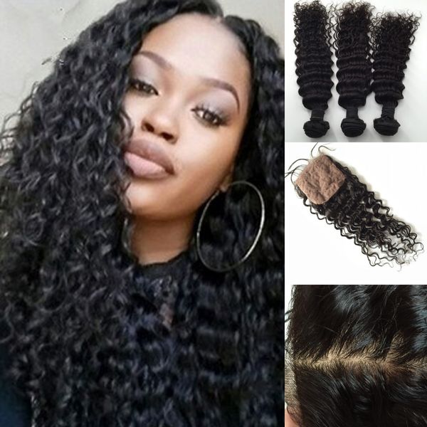 Fechamento de seda 4 * 4 Com 3 pcs Bundles Cabeça Cheia 7A Russa Brasileira Malaio Peruano Extensões de Cabelo Virgem Indiano Com Fecho