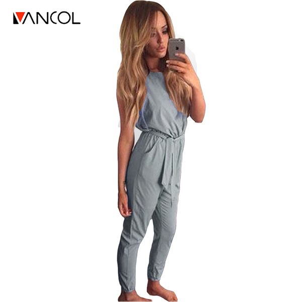 

wholesale- vancol 2016 fashion grey long jumpsuit pants with belt oneck sleeveless slim cotton summer combinaison femme overalls for women, Black;white