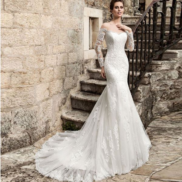 

long sleeve appliques lace mermaid wedding dresses sweetheart wedding gowns off shoulder vestido de novia bridal dress, White
