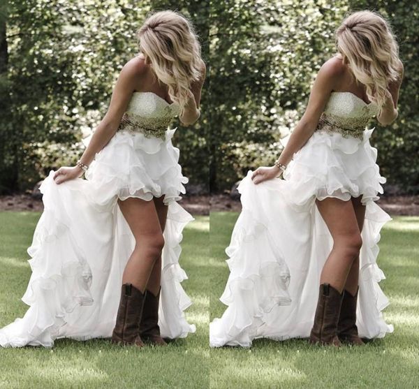 

summer garden beach high low country wedding dresses with crystal beaded sweetheart bridal gowns low back ruffles bling wedding gowns, White