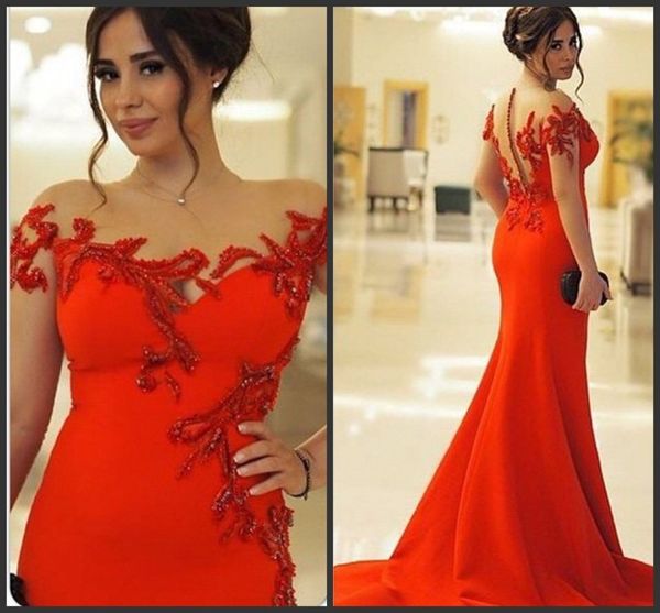 

2019 Sexy Mermaid Cap Sleeve Red Satin Evening Dress With Beaded Vestidos De Gala Noche Elegant Full Sleeve Women Dresses Vestide De Festa