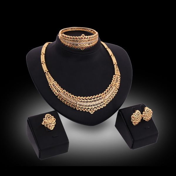 

earrings necklaces rings bangles jewelry sets fashion women royal style rhinestone 18k gold plated hollow out paty jewelry 4-piece set js152, Slivery;golden