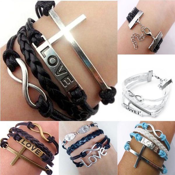 

wholesale-vintage silver owl bracelet infinity love leather rope bangle black bma5