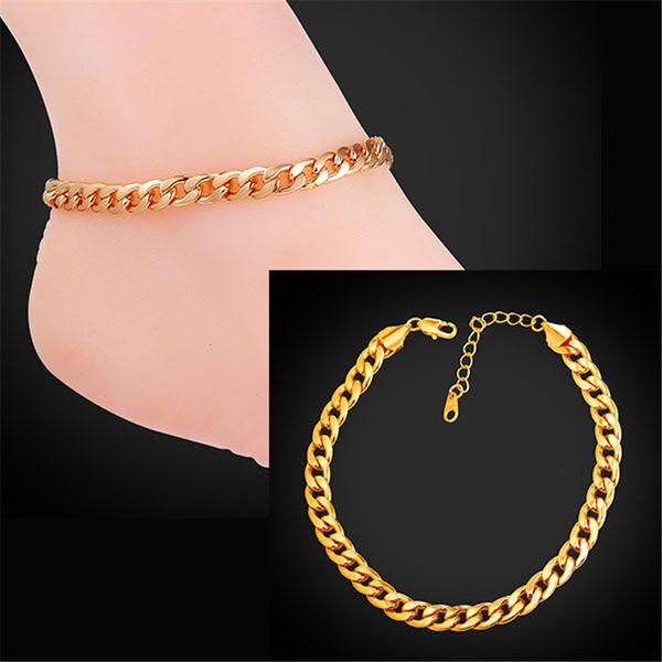 

U7 cuban link chain anklet ummer jewelry foot bracelet for men women 18k real gold platinum plated imple link chain barefoot andal, Red;blue