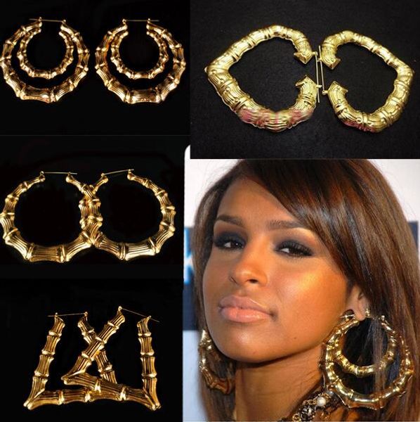 

2016 50pairs hiphop big gold tone bamboo stud earring dangle hoop circle earrings 6 styles, Golden;silver
