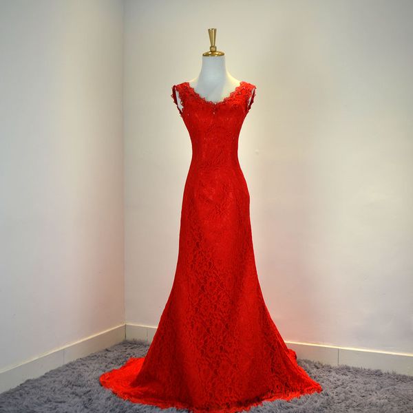 

v neck lace mermaid evening dresses red 2018 sweep train long evening gowns lace up formal dresses, Black;red
