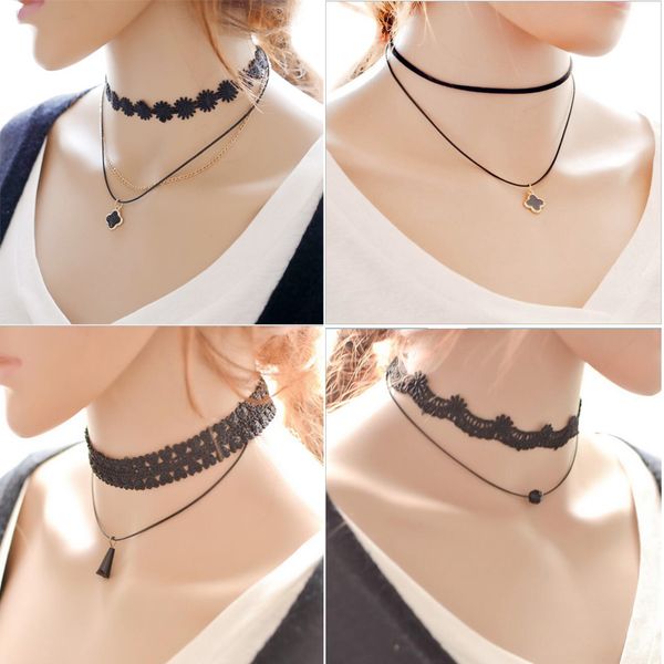 Мода Сексуальная клеткового ремешка Ошейники Choker Bead Tassel Клевер Подвеска Ожерелье Старинные Черные Кружева Бархат Кожаный Шнур Клавишечный Цепь