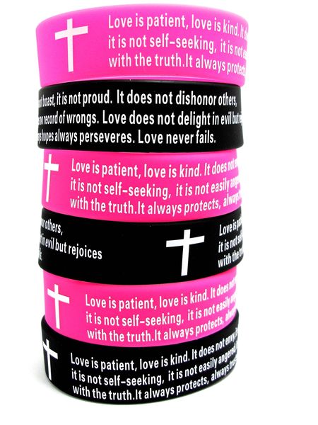 

wholesale 100pcs Inspirational Love 1 Corinthians 13:4 cross Bible Verse Wedding Band bracelets wristbands Anniversary Xmas Gift