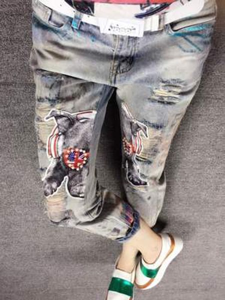 

christmas gift for8204 european grand prix 2016 new fashion personality labeling hole jeans feet sweep spot, Blue