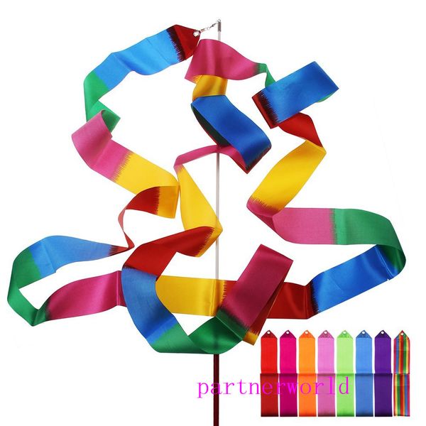 

new 4m gymnastics colored ribbon gym rhythmic art ballet dance ribbon streamer twirling rod stick multi colors ing