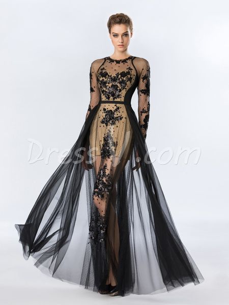 

2019 Vintage A-Line Long Sleeve Evening Dress Appliques Beaded Sequins Long empire prom dress formal long evening dress free shipping