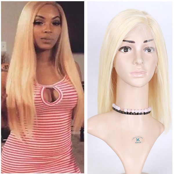 Blonde Human Hair Full Lace Wig 613 Platinum Blonde Bob Wigs New