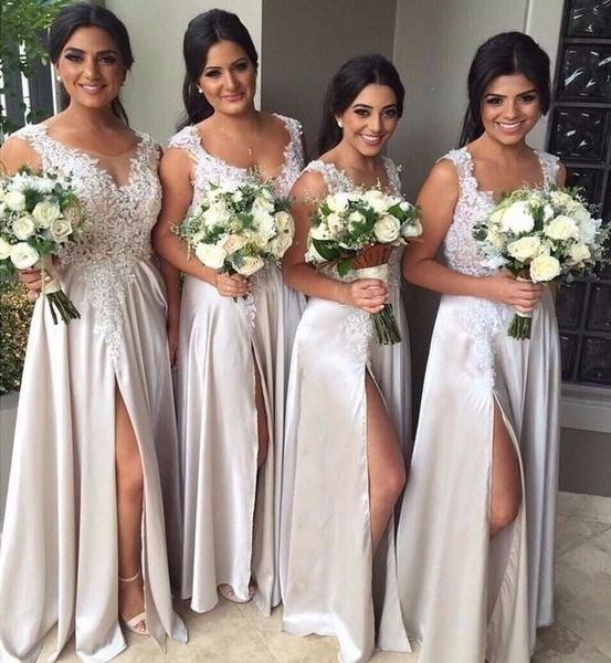 

bridesmaid dresses long scoop lace appliques sheer neck side split wedding guest dress a line satin pleats cocktail party gowns, White;pink