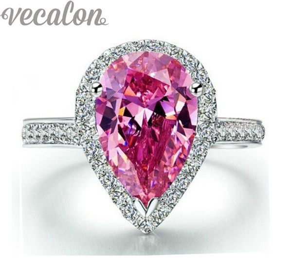 Anel da moda Vecalon Corte de pêra 4 quilates Diamante Cz rosa Anel de noivado Aliança de casamento para mulheres Anel de dedo feminino de prata esterlina 925