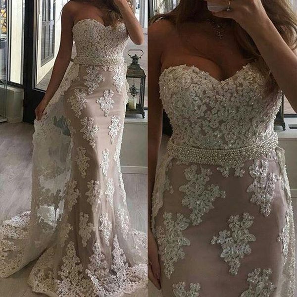 

2019 fashion mermaid wedding dresses sweetheart beaded crystals lace applique court train wedding bridal gowns with train, White