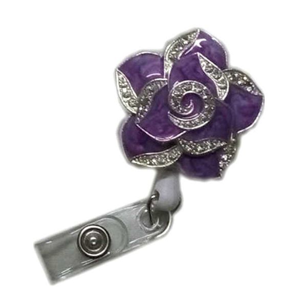 

retractable fashionable badge holder cute adorable bling crystal rhinestones purple flower reels id card clip holders