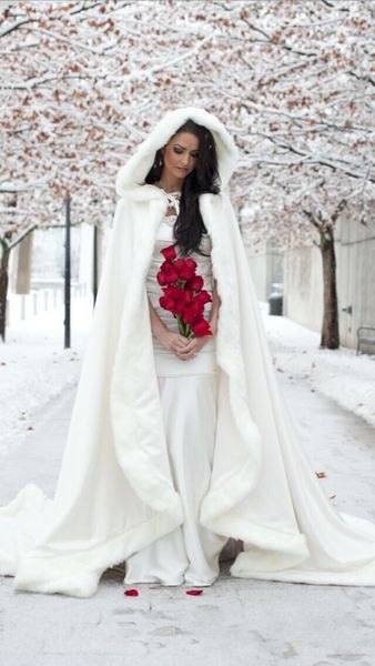 2016 inverno capa nupcial em cetim e pele feita sob encomenda feita marfim branco comprimento completo Capes nupciais para casamentos