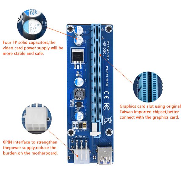 Freeshipping 10pcs 1x para 16x PCI Express Card Riser PCI-E Extender 60 cm Azul USB 3.0 Cable SATA para 6pin Power for BTC Miner