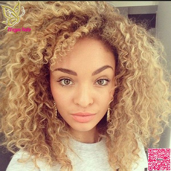 

Kinky curly blonde lace front human hair wig virgin brazilian gluele full lace human hair wig with baby hair color 27
